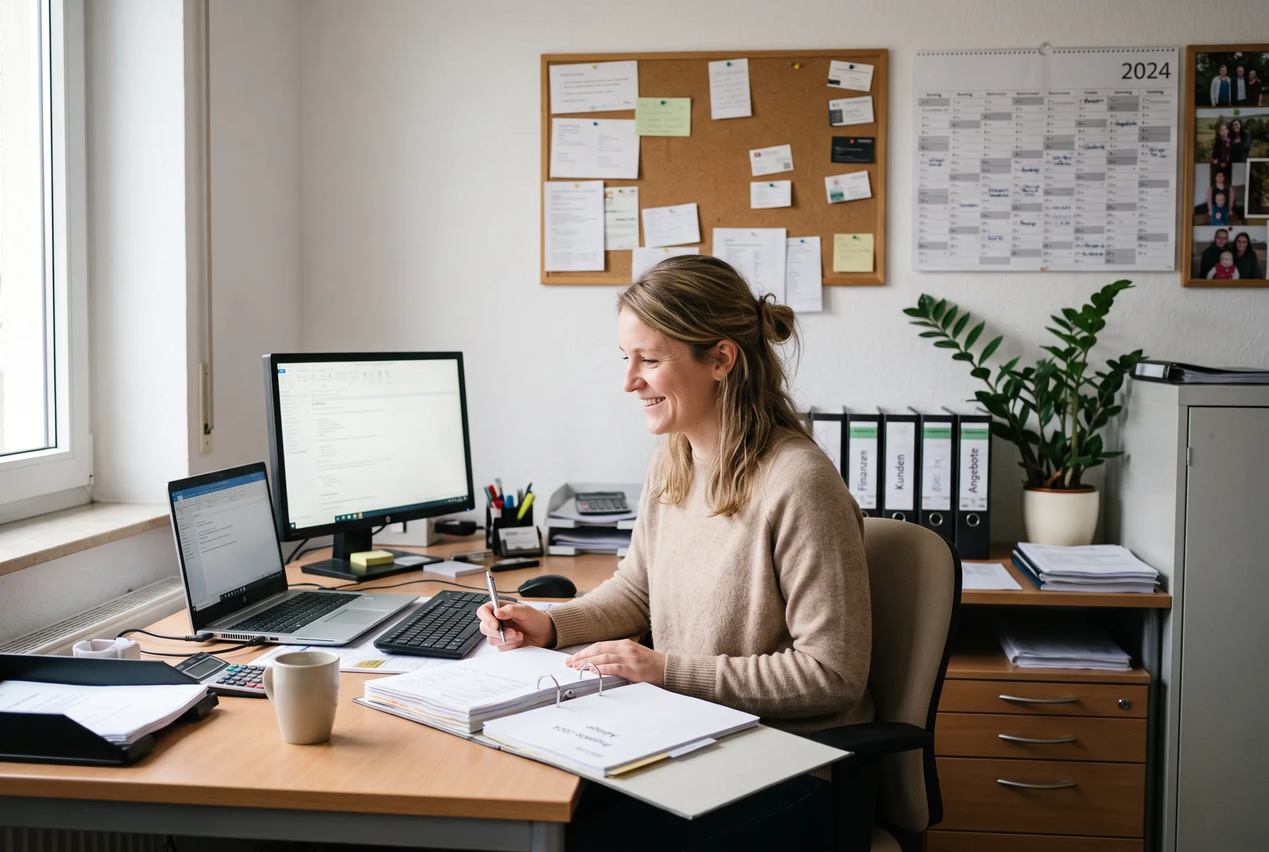 Mitarbeiterin im Personalbüro eines mittelständischen Betriebs am Schreibtisch