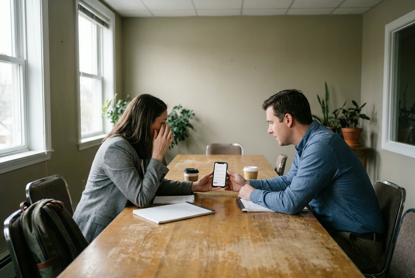 Bewerbungsgespräch in einem mittelständischen Unternehmen, eine Person zeigt der anderen etwas auf dem Smartphone