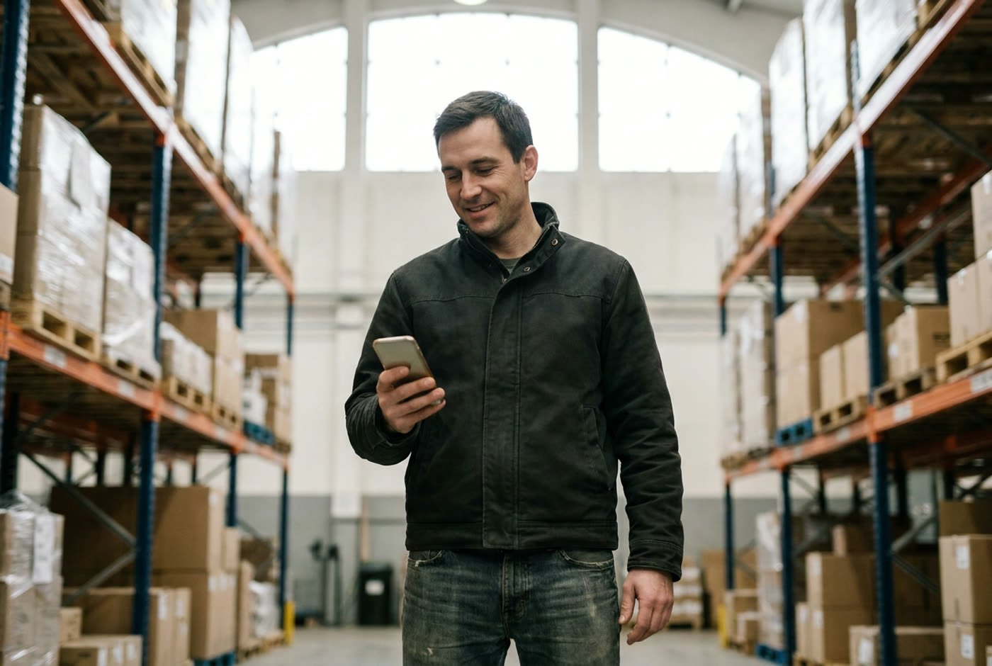Mitarbeiter im Lager schaut auf sein Smartphone