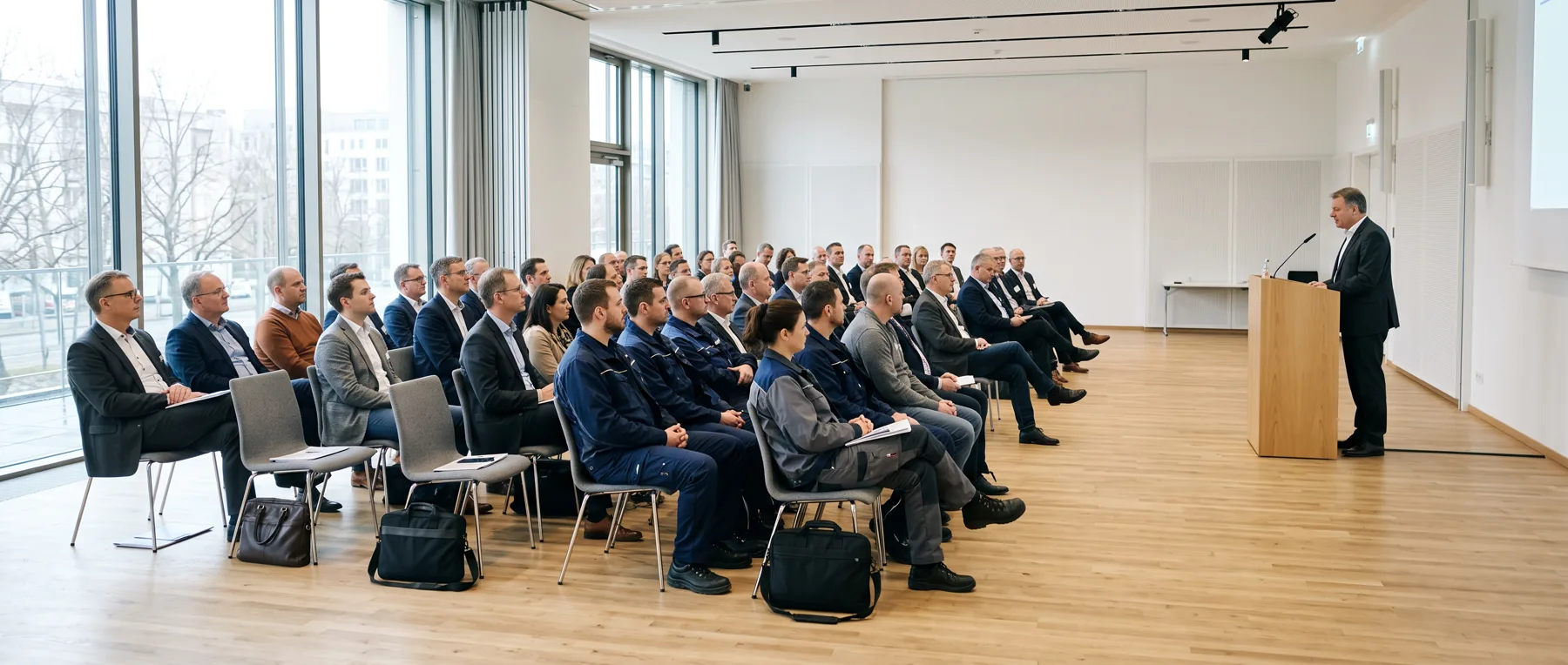 Mitgliederversammlung eines Verbands mit Vortrag am Rednerpult